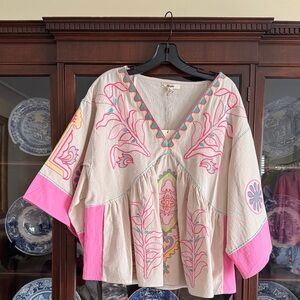Embroidered Boho V-Neck Tunic in Cream and Pink